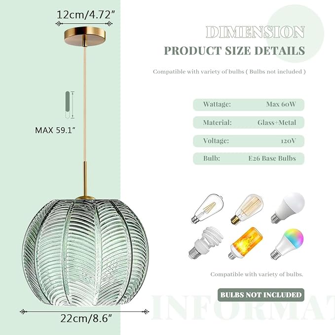 2-Pack Green Ceiling Pendant Light Fixtures for Dining Room Large Gold Globe Kitchen Island Pendant Light Hand-Blown Glass Shade Adjustable Hanging Lights Bedroom Pendant Lights