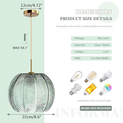 2-Pack Green Ceiling Pendant Light Fixtures for Dining Room Large Gold Globe Kitchen Island Pendant Light Hand-Blown Glass Shade Adjustable Hanging Lights Bedroom Pendant Lights