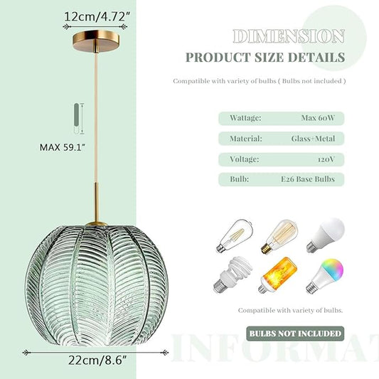 2-Pack Green Ceiling Pendant Light Fixtures for Dining Room Large Gold Globe Kitchen Island Pendant Light Hand-Blown Glass Shade Adjustable Hanging Lights Bedroom Pendant Lights