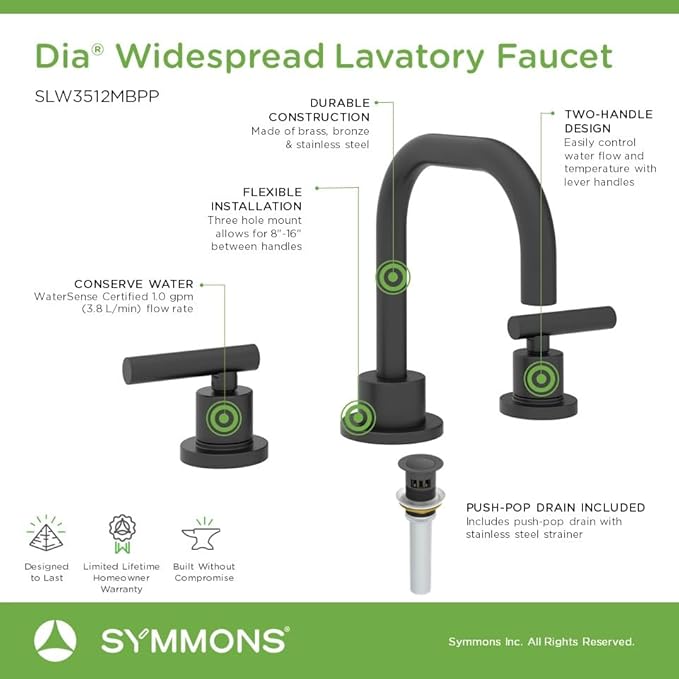 Symmons Dia Widespread Two-Handle Bathroom Faucet with Push Pop Drain Assembly in Matte Black (1.0 GPM), Large