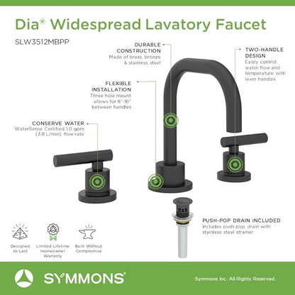 Symmons Dia Widespread Two-Handle Bathroom Faucet with Push Pop Drain Assembly in Matte Black (1.0 GPM), Large
