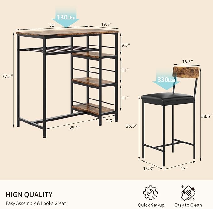 Garvee Dining Table Set for 2, Square Table and 2 Chairs Space Saving Compact Dinette Set for Small Spaces Kitchen Dining Room Apartment Breakfast Nook 29.1 x 29.1 x 30 in Retro