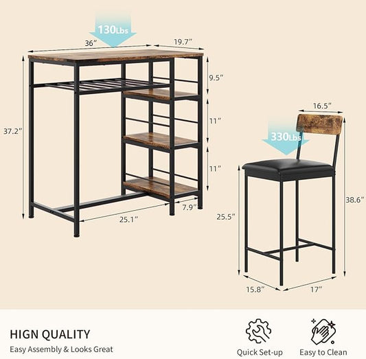 Garvee Dining Table Set for 2, Square Table and 2 Chairs Space Saving Compact Dinette Set for Small Spaces Kitchen Dining Room Apartment Breakfast Nook 29.1 x 29.1 x 30 in Retro