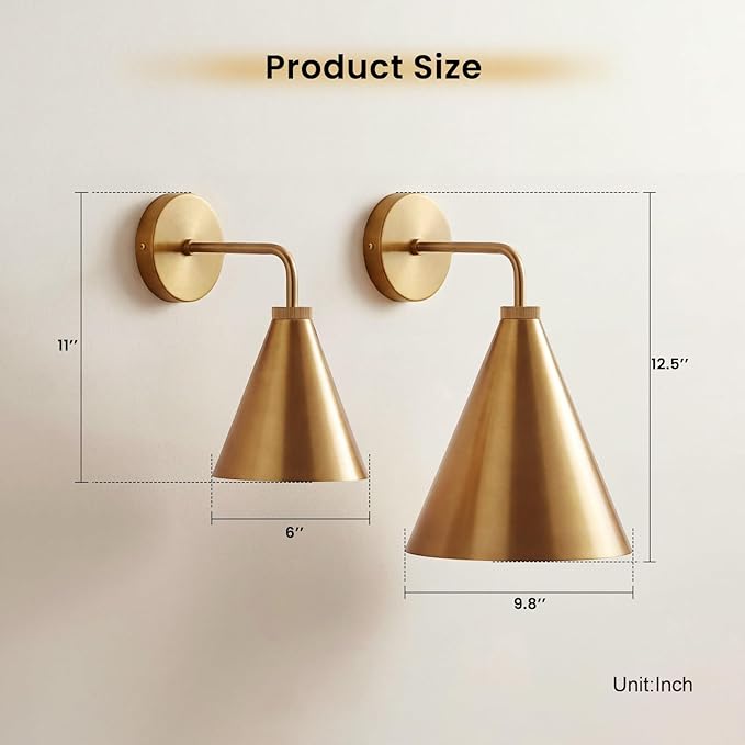 Vintage Modern Metal Conical Wall Sconce - Retro Brass Wall Lamp, Decorative Inspired Cone Wall Mount Lighting Fixture for Bedroom, Living Room, Hallway(6“W x 6" L x 11" H Brass)