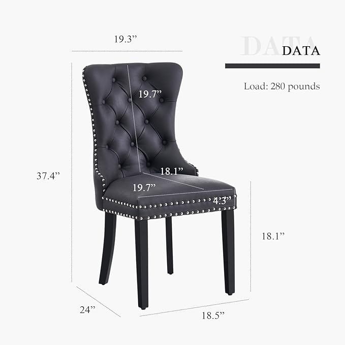 Eifizek Leather Dining Chair Set of 2, Dining Room Chairs with Nailhead Ring Pull Trim, Upholstered Dining Chairs with Solid Wood Legs for Kitchen Dining Room (Black)