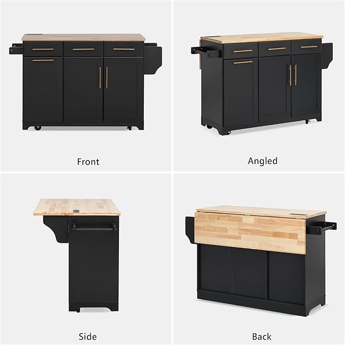 JIJIWANG 59.3" Kitchen Island with Storage 2 Pull Out Cabinet Organizers & Rubber Wood Drop Leaf, Rolling Island with Trash Can Storage, Power Outlet, Spice & Towel Rack for Kitchen, Dining, Black