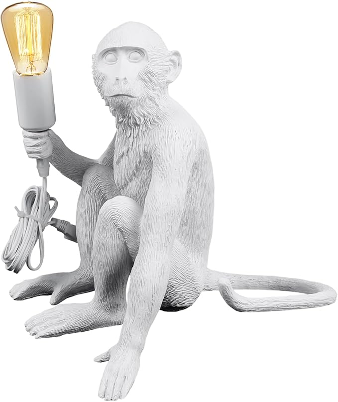Monkey Desk Lamp, Bedside Monkey Statue Light, Creative Resin Table Light Lighting Fixture for Bedroom, Kids Room, Dining Living Room-White