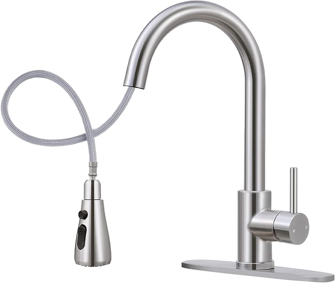 FGKQ Kitchen Faucet with Pull Down Sprayer,Kitchen Sink Faucet with Sprayer and Deck, Commercial Faucet for Kitchen Sink Stainless Steel,Single Handle, Suitable for RV/Bar Sink,Brushed Nickel