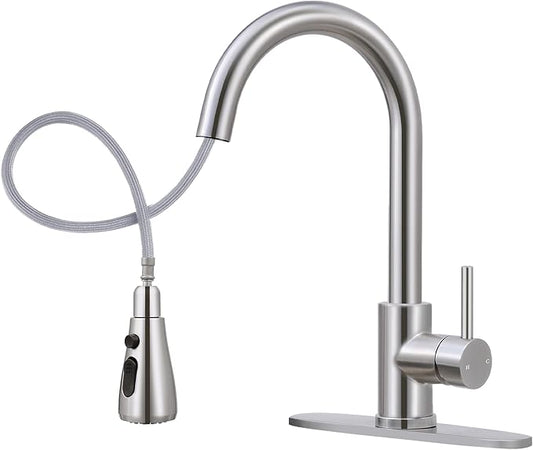 FGKQ Kitchen Faucet with Pull Down Sprayer,Kitchen Sink Faucet with Sprayer and Deck, Commercial Faucet for Kitchen Sink Stainless Steel,Single Handle, Suitable for RV/Bar Sink,Brushed Nickel