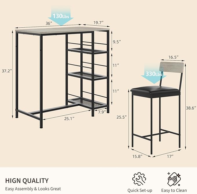 3-Piece Modern Dining Set, Dining Table Set with 2 Upholstered Bar Stools,Bar Table Set w/ Metal Frame&Built-in Wine Rack for Kitchen Dining Room Apartment Breakfast Nook 36"Lx 16.7"W x 37.2"H Gray