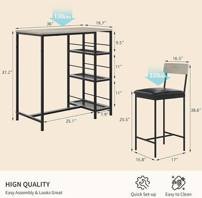 3-Piece Modern Dining Set, Dining Table Set with 2 Upholstered Bar Stools,Bar Table Set w/ Metal Frame&Built-in Wine Rack for Kitchen Dining Room Apartment Breakfast Nook 36"Lx 16.7"W x 37.2"H Gray