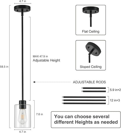 Modern Farmhouse Black Pendant Lights, Mini Hanging Light Fixture with Clear Glass Shade, Adjustable Rods for Kitchen Island, Sink, Bar (2 Pack)