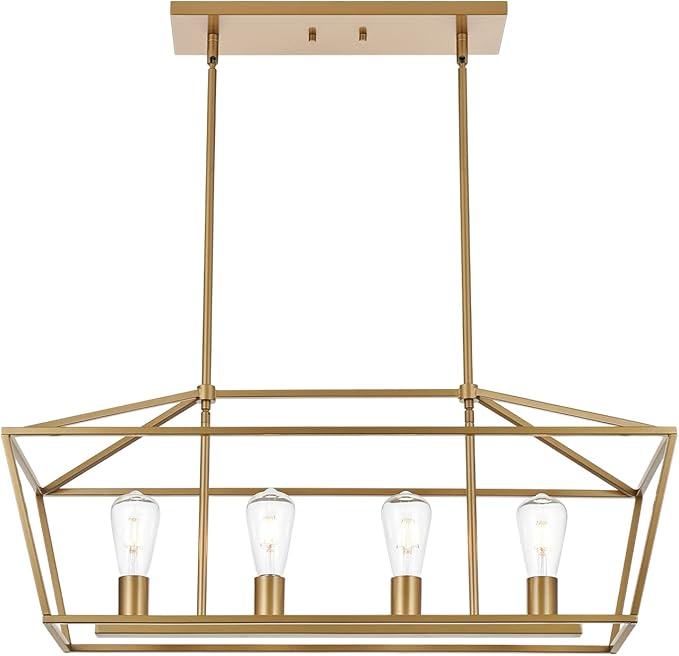 BONLICHT Modern 4 Light Farmhouse Chandelier Gold Linear Kitchen Island Pendant Light Traditional Rectangular Dining Room Lighting Fixture Hanging Metal Cage Pendant Lamp for Hallway Foyer