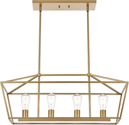 BONLICHT Modern 4 Light Farmhouse Chandelier Gold Linear Kitchen Island Pendant Light Traditional Rectangular Dining Room Lighting Fixture Hanging Metal Cage Pendant Lamp for Hallway Foyer
