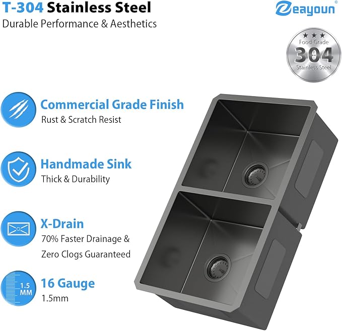 33 Inch Gunmetal Black Undermount Double Bowl Kitchen Sink 16 Gague Stainless Steel Double Handmade Sinks 50/50 Large Deep Double Bowl Sinks 33"x19"x10"