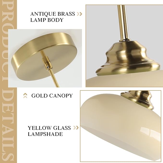 KCO Lighting Modern Globe Ceiling Light Brass Dome Pendant Light Yellow Glass Pendant Light Brushed Gold Pendant Lighting Adjustable Hanging Ceiling Light for Dining Room