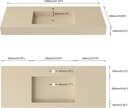 47"X19" Bathroom Sink with Single Faucet Hole, Stone Resin Wall-Mount or Countertop Vessel Sink, Rectangle Solid Surface Floating Sink with Mounting Screws, Latte Color
