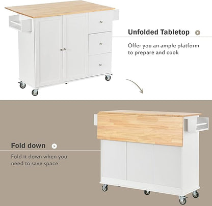 GOWE Rolling Mobile Kitchen Island with Solid Wood Top and Locking Wheels,52.7 Inch Width,Storage Cabinet and Drop Leaf Breakfast Bar,Spice Rack, Towel Rack & Drawer (White)