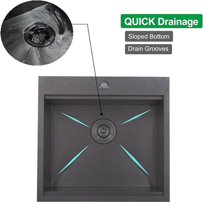 KINGO HOME Black Kitchen Sink,Drop In Bar Sink Gunmetal Black Stainless Steel Square Small Topmount Single Bowl Workstation Sinks,304 Stainless Steel Topmount Wet Bar Prep Sinks With Cutting Board