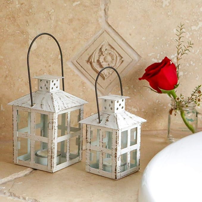 Kate Aspen Decorative Lanterns - Set of 12 - Distressed Metal Vintage Mini Lanterns, Centerpiece for Table, Accent Piece and Home Decor, Favors for Wedding and Baby Showers (White)