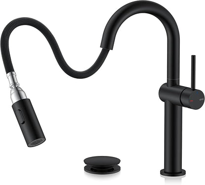 KENES Matte Black Tall Bathroom Faucet with Pull Out Sprayer, Pull Down Vessel Sink Faucet 1 Hole, Single Handle High Vanity Faucet with Pop Up Drain & Supply Lines, LJ-9065A-2