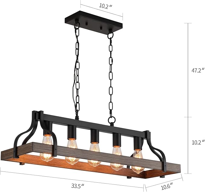 MEIXISUE Rustic Kitchen Island Dining Room Light Fixture Farmhouse Linear Chandelier Black and Retro Wood Finish 5-Light Industrial Metal Hanging Pendant Light UL Listed L33.5 W10.6