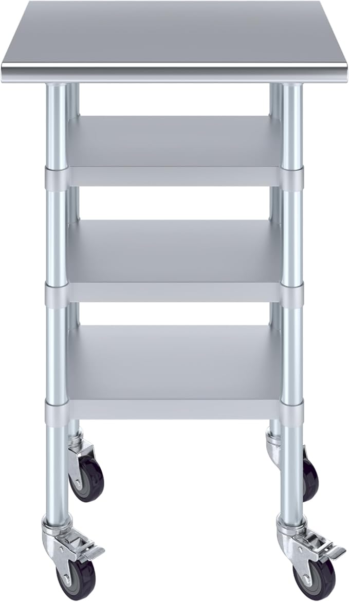 AmGood Stainless Steel Work Table with 3 Shelves and Casters | Kitchen Island Food Prep | Laundry Garage Utility Bench | NSF Certified (24" Long x 18" Deep)