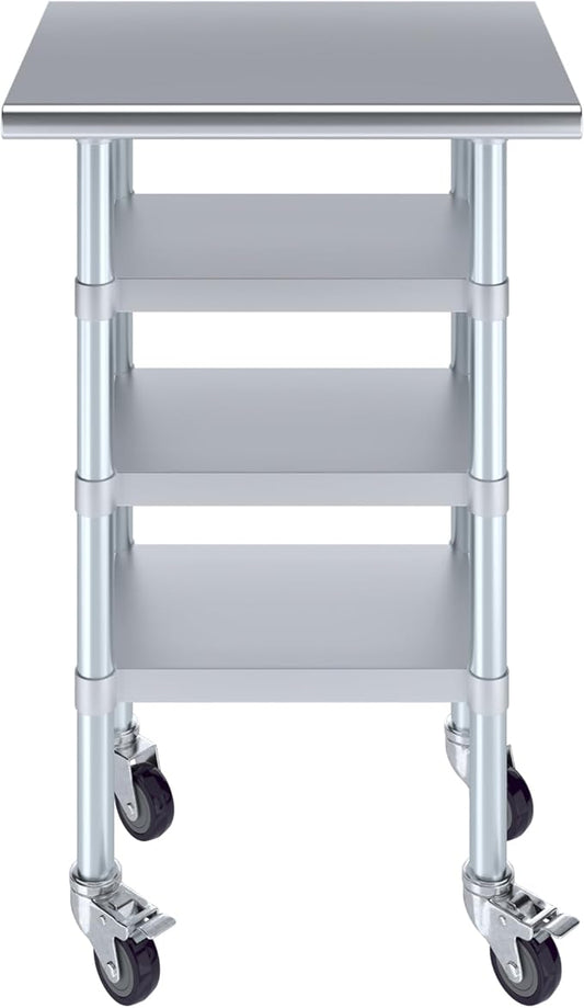 AmGood Stainless Steel Work Table with 3 Shelves and Casters | Kitchen Island Food Prep | Laundry Garage Utility Bench | NSF Certified (24" Long x 18" Deep)