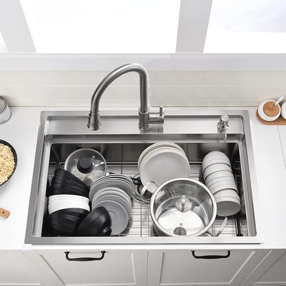 33 Inch Drop In Kitchen Sink Workstation - VOKIM 33X22 Inch Drop In sink Stainless Steel Splash Guard 16 Gauge 10'' Deep Single Bowl Handmade Topmount Sink with Cutting Board& Strainer