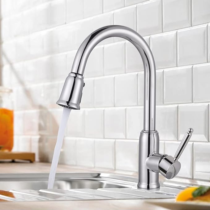 WOWOW Chrome Kitchen Faucet with Sprayer: 304 Stainless Steel Kitchen Sink Faucet for 1 or 3 Hole, High Arc Single Handle Mixer Taps with Deck Plate, Vintage Style