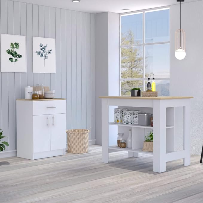 GOWE 2 Piece Kitchen Set, Kitchen Island + Pantry Cabinet, White/Light Oak