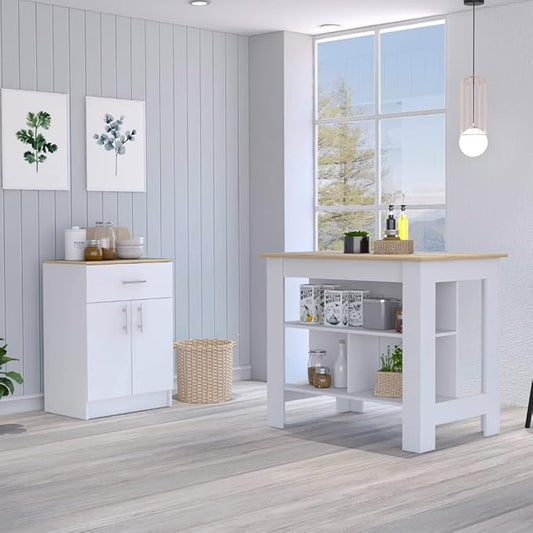 GOWE 2 Piece Kitchen Set, Kitchen Island + Pantry Cabinet, White/Light Oak