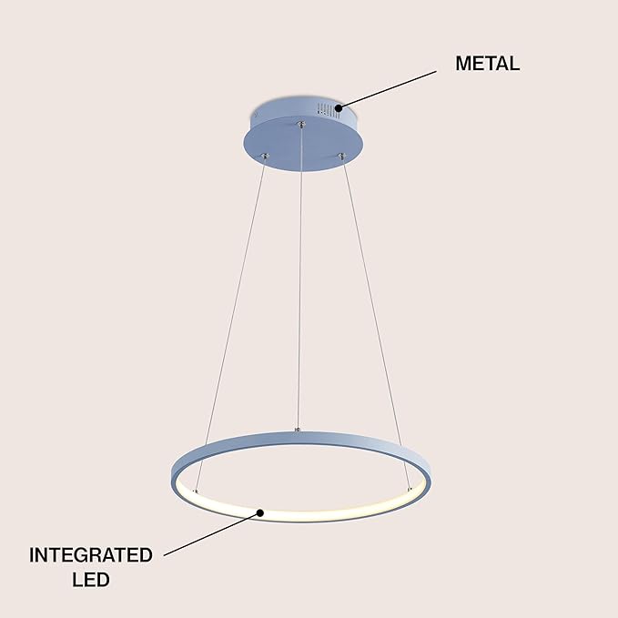 JONATHAN Y 15.75" Blue Modern Integrated LED Pendant Light, Dimmable Round Hoop Chandelier for Kitchen Island, Dining Room, Adjustable Height Metal Hanging Light (JYL7202D)