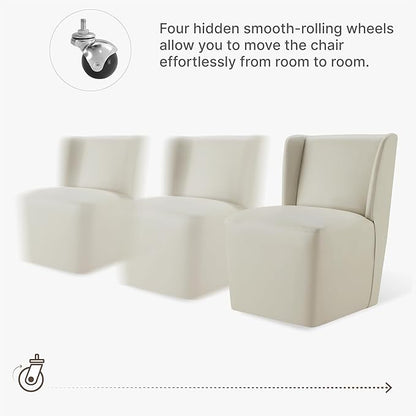 KISLOT Upholstered Dining Chairs Set of 4 with Casters, Wingback Modern Side Armless Deskchair with Rollers for Diningroom Bedroom Livingroom Reading Room, Cream Faux Leather