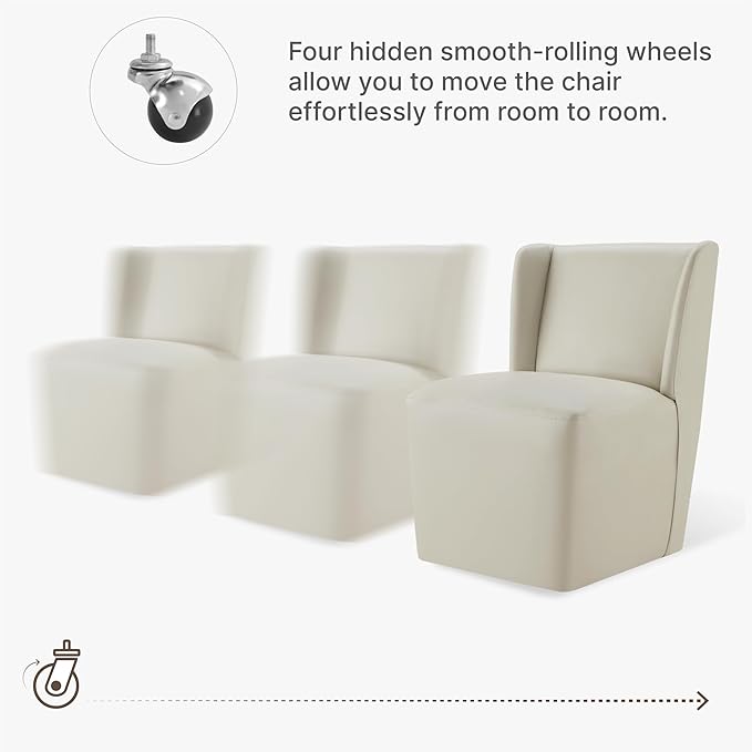 KISLOT Upholstered Dining Chairs Set of 1 with Casters, Wingback Modern Side Armless Deskchair with Rollers for Diningroom Bedroom Livingroom Reading Room, Cream Faux Leather