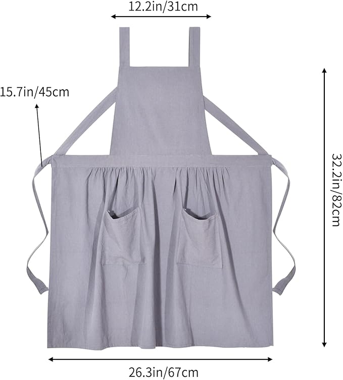 Pinknoke Cotton Linen Pinafore Apron Dress for Women with Pockets Cute Art Chef Aprons for Kitchen Baking Gardening Painting