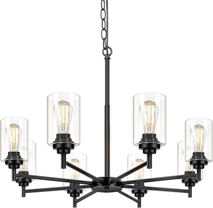 Sucolite 33.5'' 8-Light Chandelier for Dining Room Kitchen Island, Modern Farmhouse Pendant Lighting with Glass Shades Industrial Black Hanging Ceiling Light Fixture for Living Room, Height Adjustable