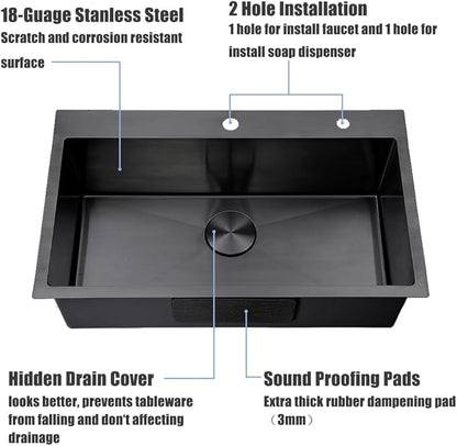 30 inch Drop in Black Kitchen Sink, Single Bowl Stainless Steel Handmade Topmount Kitchen Sinks with Dish Grid and Drain