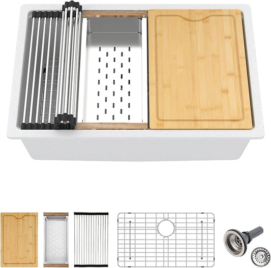 30x19 Inch White Undermount Kitchen Sink 30"x19" Workstation Granite Composite Quartz Sink Granite Quartz Modern Under Counter Ledge Single Bowl Basin Deep Sink
