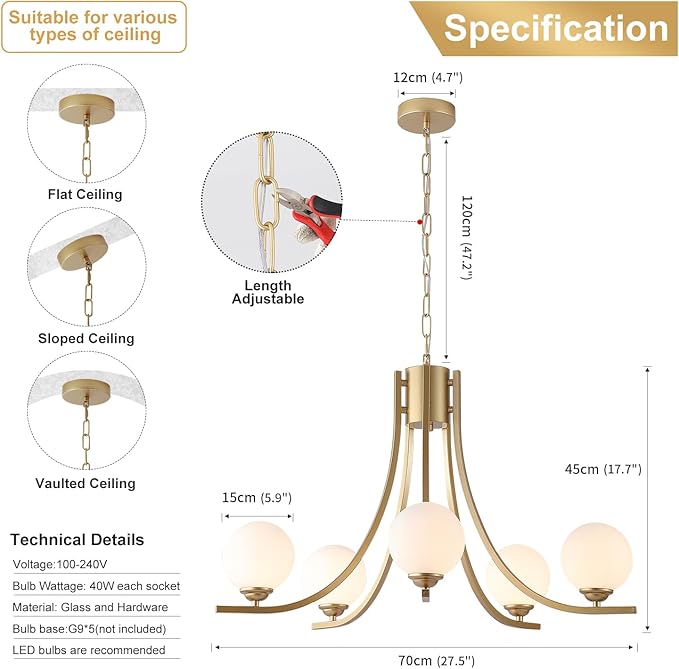 Glass Globe Chandelier,Gold Farmhouse Chandeliers for Dining Room,Modern Sputnik Dining Room Light Fixtures，Adjustable Chain Ceiling Lighting for Living Room Bedroom Kitchen Island