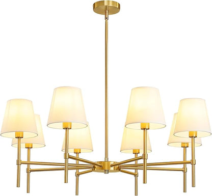 RUIYEY Dining Room Chandeliers Light - 8-Light Gold Modern Chandelier with Fabric Shade, Height Adjustable Mid Century Ceiling Lighting Fixture for Bedroom Kitchen Entryway Foyer