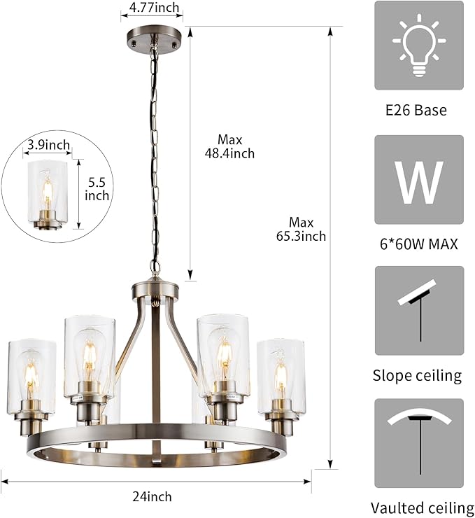 Lanhall 6-Light Modern Dining Room Light Fixture Brushed Nickel Kitchen Chandelier Ceiling Hanging Pendant Lighting with Glass Shade for Living Room Bedroom Entryway Adjustable Height Metal E26