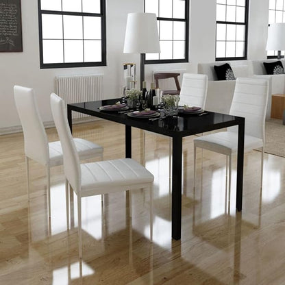 5-Piece Dining Table Set Black and White Modern Kitchen Table Set with Tempered Glass Top and Faux Leather Chairs for Small Spaces, Bistro Indoor, Living Room Furniture