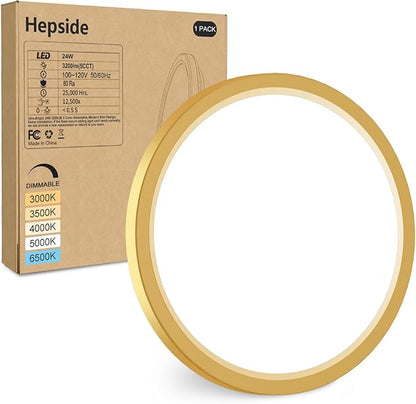 hepside LED Flush Mount Ceiling Light Fixture Golden, 12Inch 24W, Dimmable&3000K-6500K Adjustable Low Profile Ceiling Lights, 3200LM Modern Lamp for Kitchen, Bedroom, Porch, Hallway, White