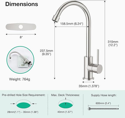 CREA Cold Water Only Brushed Faucet for Kitchen Bar Outdoor Sink 1 Hole 3Holes(with Deck Plate)，High Arc 360°Swivle Single Handle Cold Water Tap Brushed 304 Stainless Steel