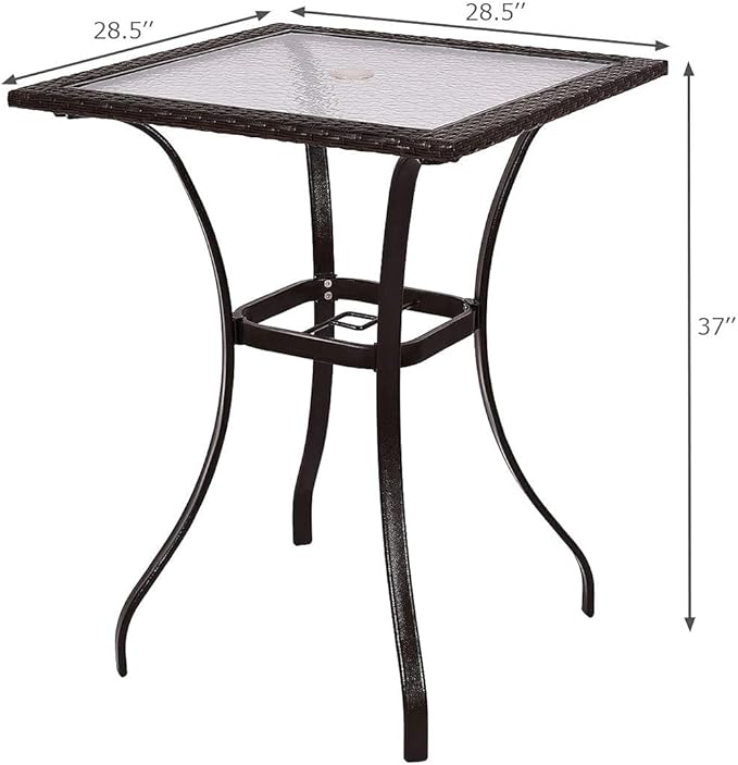 LDAILY Moccha 28.5" Patio Table, Outdoor Dining Bistro Table w/Umbrella Hole, Tempered Glass Top & Steel Frame, Backyard Balcony Furniture Garden Table
