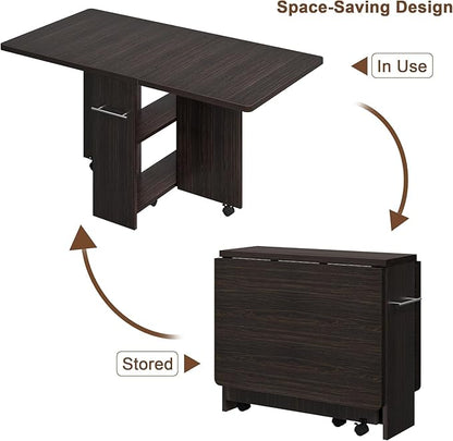 IDEALHOUSE FoldingTable, Drop Leaf Dining Table with 6 Wheels and 2-Layer Storage Shelf, Space Saving Table for Small Spaces (Dark Walnut, 47.2" D x 23.6" W x 29.5" H)