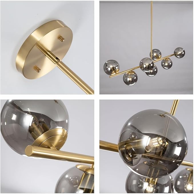 KCO Lighting Mid Century Modern Globe Sputnik Chandelier Gold Brass Linear Pendant Hanging Light Fixture 7-Light Smoke Glass Sphere Chandelier Kitchen Island Dining Room Chandelier