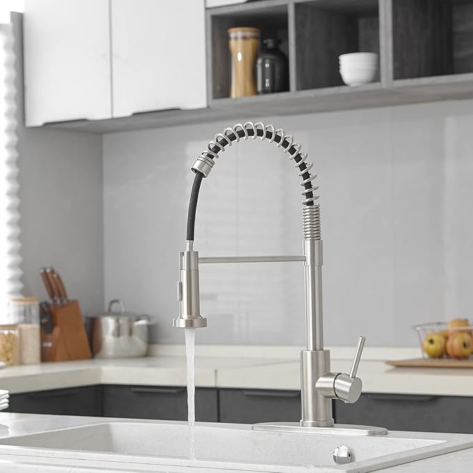 VOTON Kitchen Faucets with Pull Out Sprayer Commercial Spring Sink Faucet Stainless Steel Brushed Nickel Pull Down Single Handle Farmhouse faucets with Deck Plate for Camper Laundry Utility Rv Wet Bar