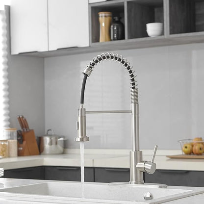 VOTON Kitchen Faucets with Pull Out Sprayer Commercial Spring Sink Faucet Stainless Steel Brushed Nickel Pull Down Single Handle Farmhouse faucets with Deck Plate for Camper Laundry Utility Rv Wet Bar